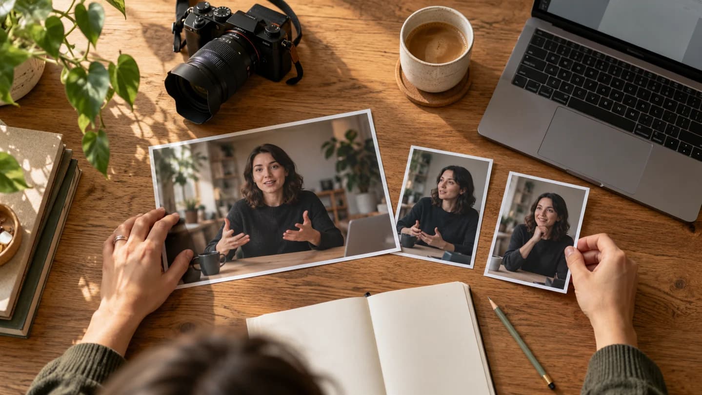AI-generated editorial image of a marketer planning a campaign from video stills.