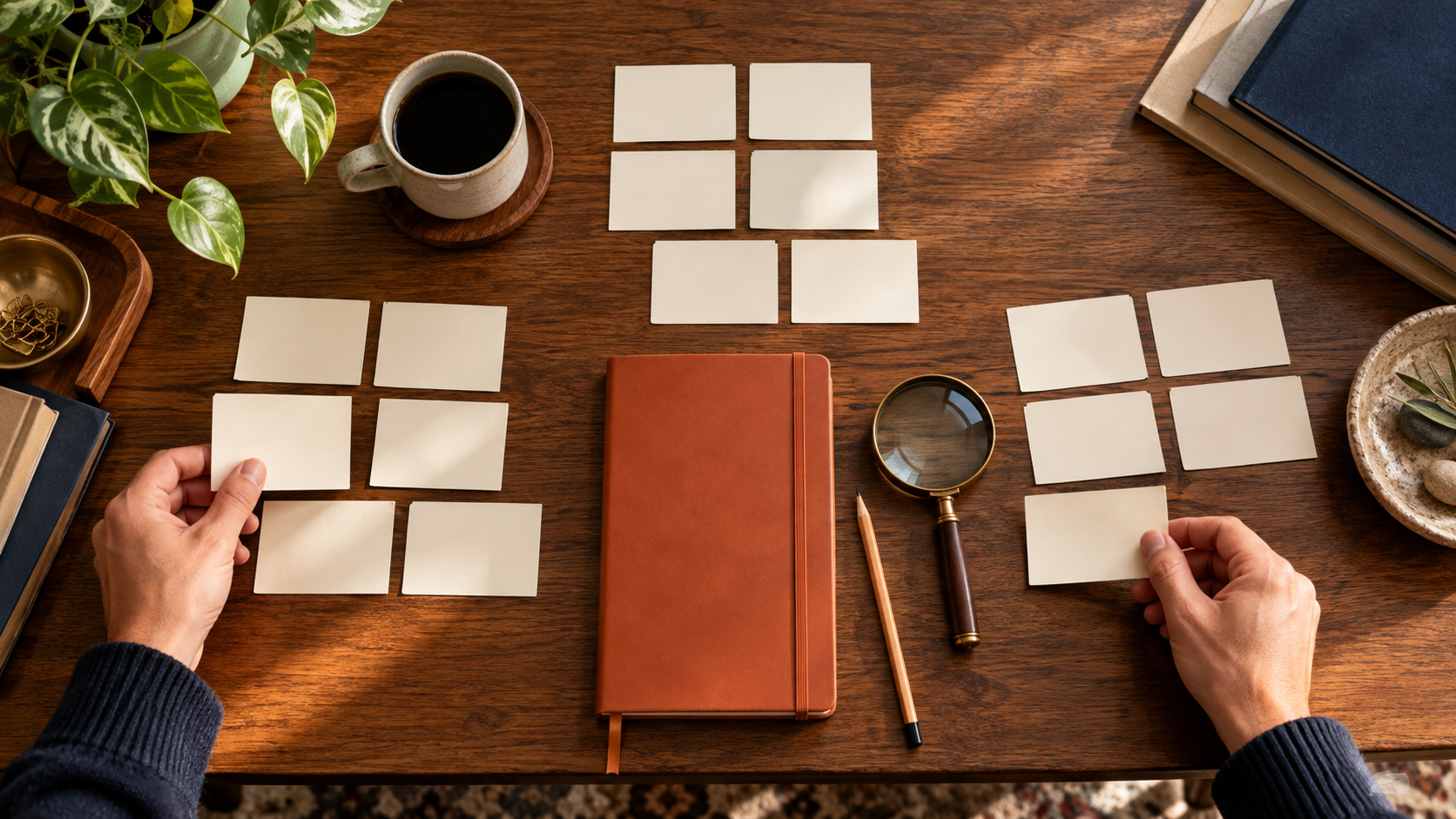 Hands grouping blank campaign research cards around a notebook on a warm desk.