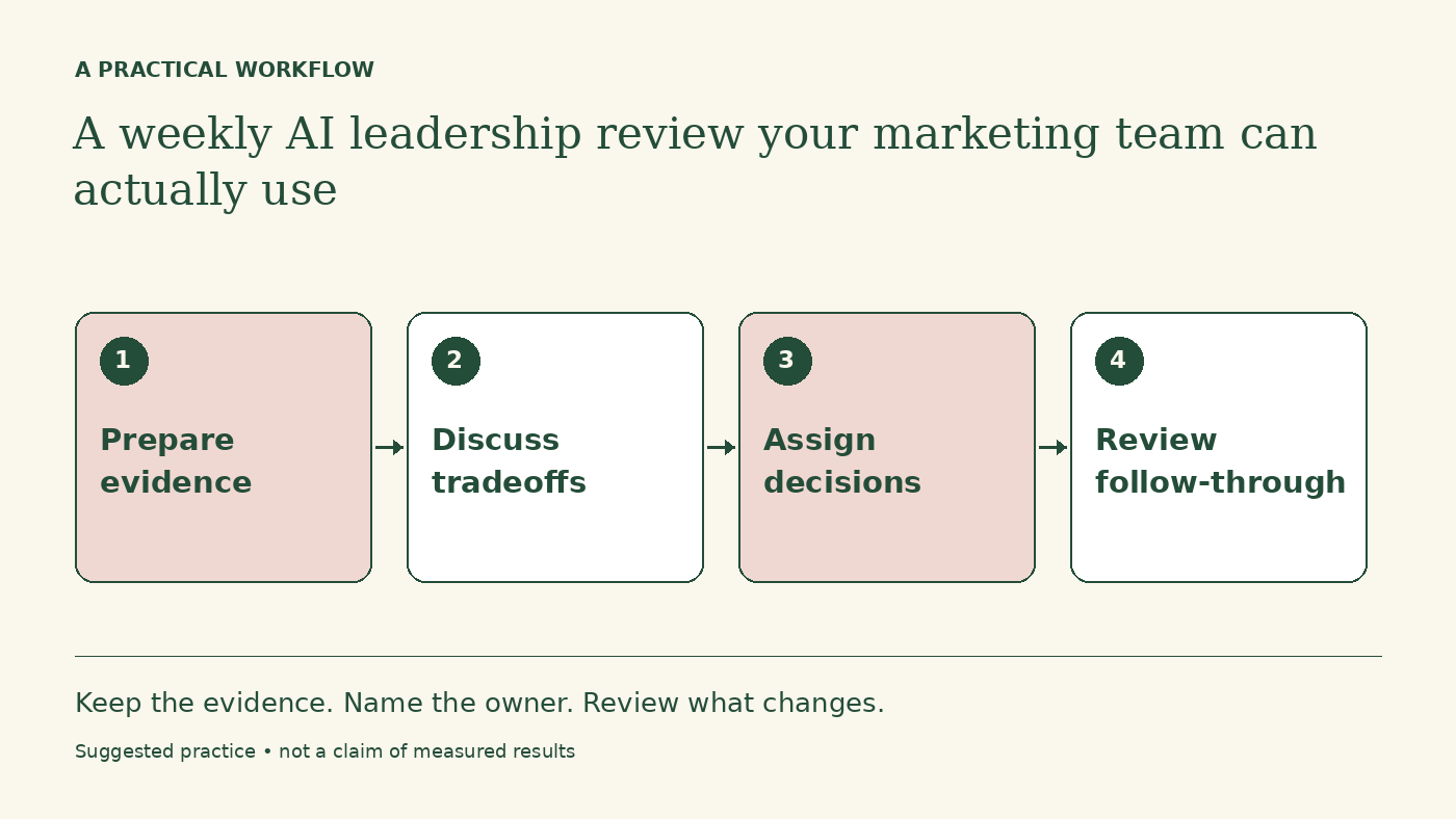 Workflow diagram: Prepare evidence → Discuss tradeoffs → Assign decisions → Review follow-through