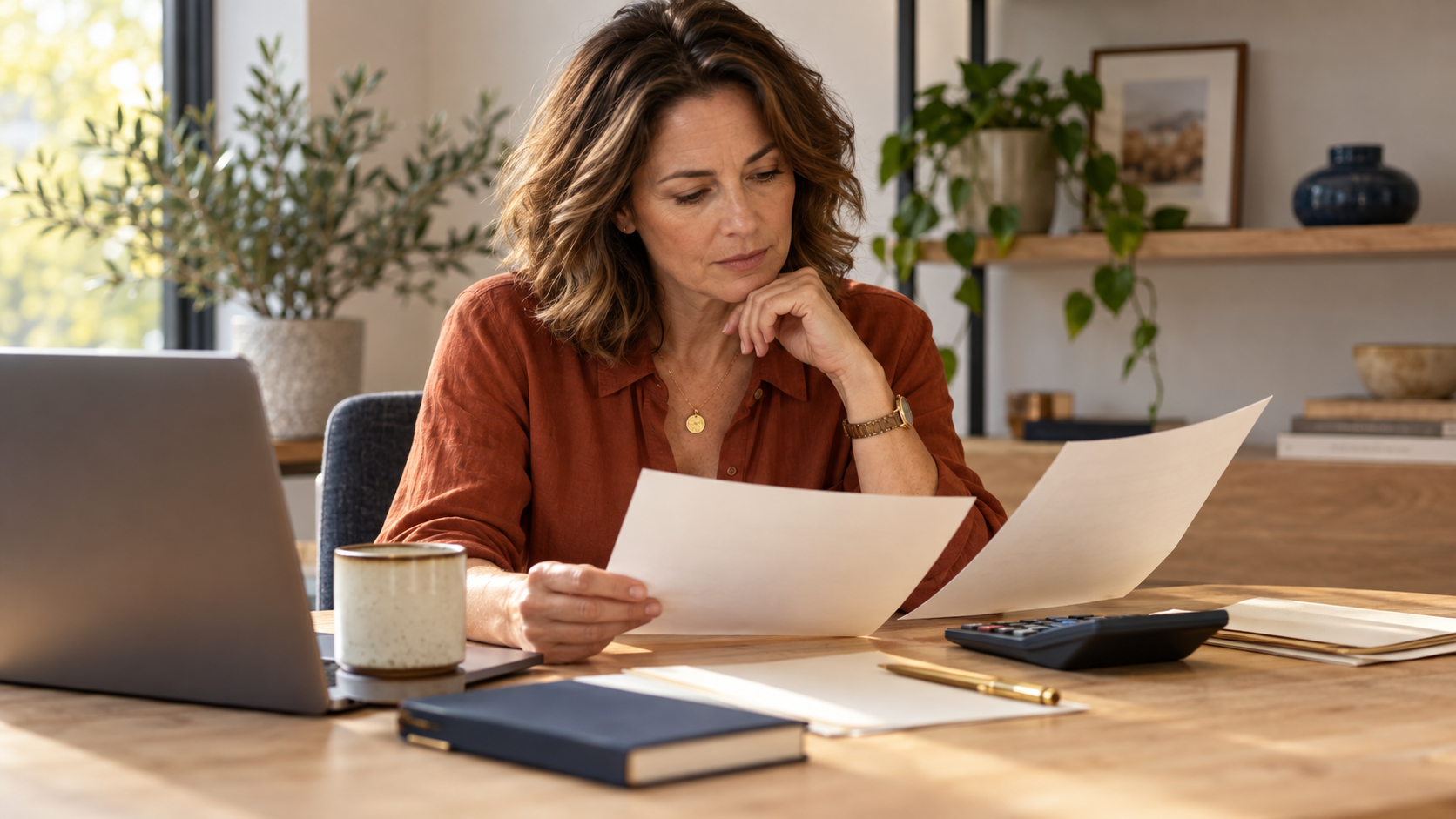 A marketer checking paper records with a calculator and laptop at a sunlit desk.