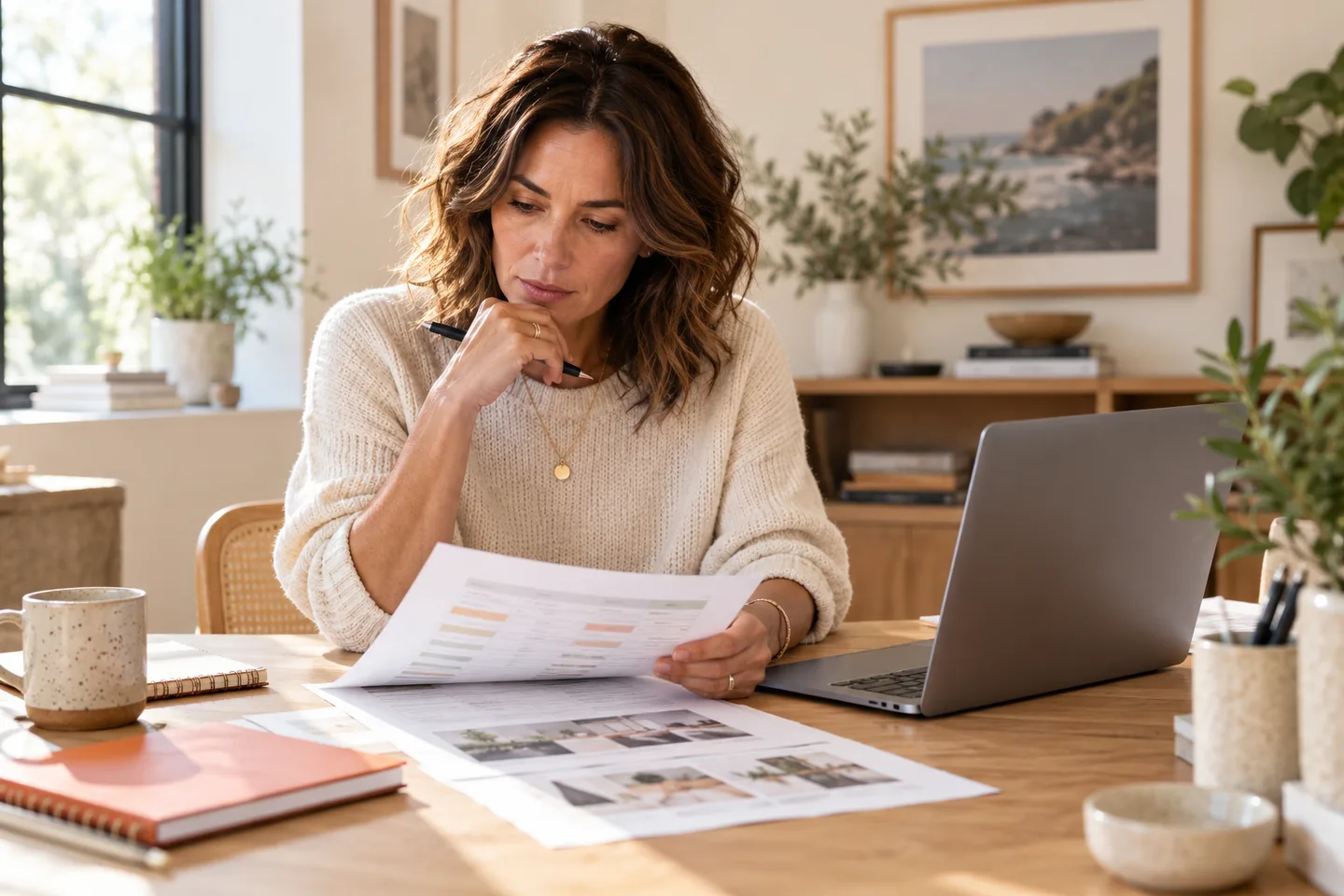 A marketer reviews a paper plan beside a laptop in a naturally lit studio.